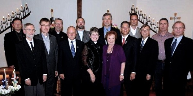 Row left to right...Dr.Robert Batt, Organist; Pastor Andres Rebane; Myron Petriew, Canadian Ukrainian Congress; Pastor Vida Jaugelis,Lithuanian community;Milvi Puusepp St.Peters Estonian Church chairman ; Mark Warawa,Member of Parliament,Langley,BC; Vello Püss, VES, Vancouver Estonian Society ; Kris Lubowski, "Gazeta Polska Club"; Arvo Marits, EKN; Estonian Central Council. Back row left to right: Pastor Heldur Kajaste Estonian Baptist Church; Father Edward Evanko, Ukrainian Catholic Church; Father Roman Tsaplan, Ukrainian Orthodox Cathedral in Vancouver; Harry Jaako, Honourary Consul to Estonia in Vancouver; Martin Kuuskmann, Bassoonist. Photo by Pastor Heldur Kajaste