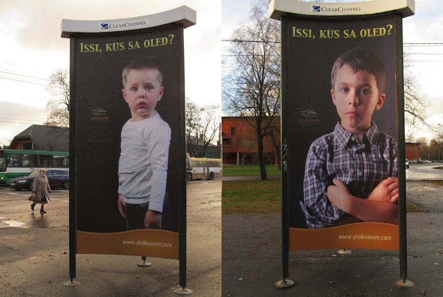Father's Day is the 2nd Sunday in November in Estonia and its neighbouring countries to the north and north-west. And just ahead of isade/päev these attention-grabbing posters (plakatid) appeared on the street of Tallinn. The child asks, "Issi, kus sa oled?", (Daddy, where are you?"). The small print reads üksik/vanem – single parent and the non-profit organisation (MTÜ or mitte/tulundus/ühing) behind the public awareness campaign is Üksikvanema Heaks (For the Good of the Single Parent), founded in 2009. Photo: Riina Kindlam