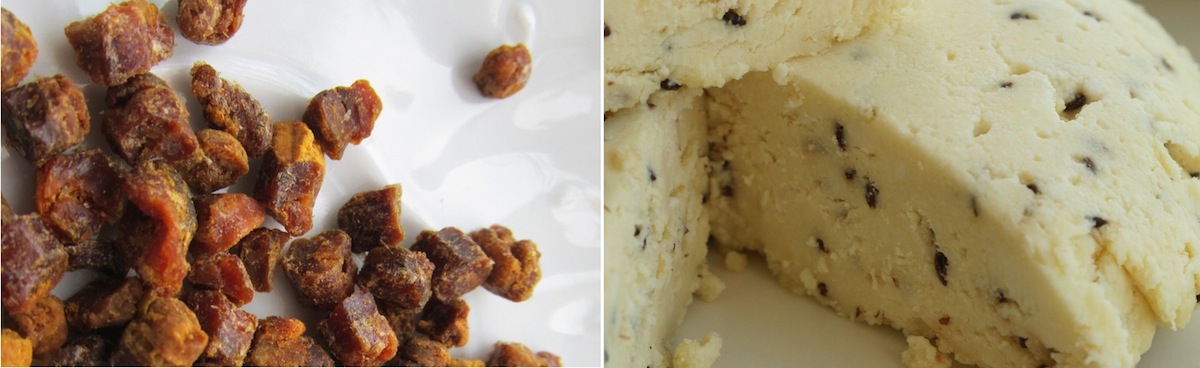 On the left is suir, a mass of pollen with added honey, packed into granules by worker bees to feed their young. Humans have also grown to appreciate the naturally fermented protein (valk) and vitamins found in bee pollen, also known as beebread. On the right is sõir, a homemade quark cheese (kohupiima/juust) that hails from Southern Estonia. It traditionally contains caraway seeds (köömned), but need not. Although you can purchase it at various markets all over Estonia, it's easy to make yourself. Suir photo by Riina Kindlam, sõir photo courtesy of Pille Petersoo, nami-nami.ee