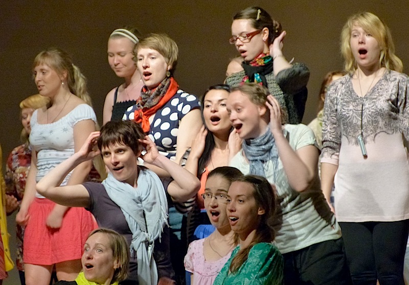 Capturing the intensity of the moment a year ago on the stage at Estonian House, where the University of Tartu Women's Choir deviated from their usual formal concert style, this photo visits the dramatic edge of the group. Under the demanding stage director Anne Türnpu, they let it hang out in a musical dramatization of an Estonian woman's life. Photo currently part of an exhibit at Estonian House. Photo by Andres Raudsepp.