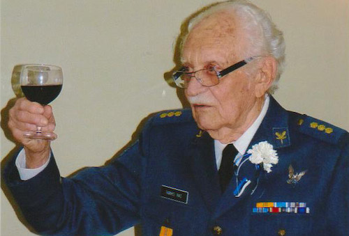 Lt. Tarmo Rae (former war pilot) raises his glass to the spirit of freedom in the current world