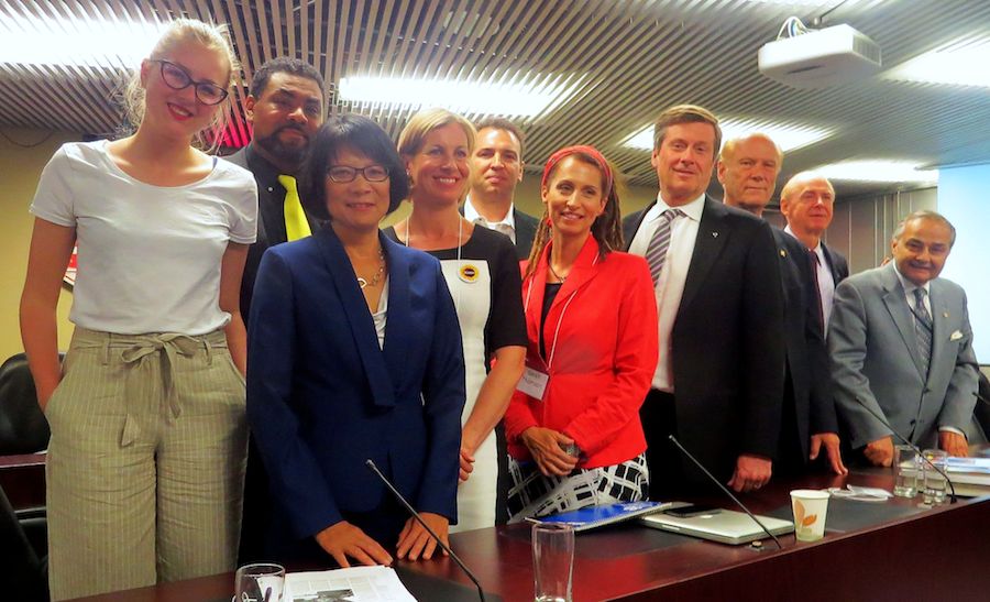 Morgan Baskin, DeWitt Lee, Olivia Chow, Karen Stintz, Michael Nicula, Sarah Thomson, John Tory, Erwin Sniedzins, Tony Ruprecht, Tom Saras. Photo by Adu Raudkivi.