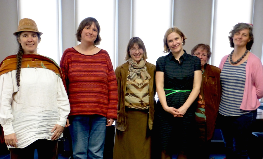 Foto from left: a researcher on indigenous women (name unknown), Dr. Ekaterina Neklyudova, post-doctural fellow at the McMaster Library Archives, Dr. Magda Stroinska, Chair, Dept. of Languages and Linguistics, McMaster U., Dr. Leena Kurvet-Käosaar, Dr. Victoria Cecchetto, Professor of Italian and Linguistics, McMaster U., Elizabeth Delaney, an undergraduate student who is editing a publication which Drs. Stroinska, Kurvet-Käosaar and Cecchetto are working on. Photo: Merike Koger.