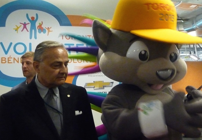 President of the Ethnic Media association Tom Saras and PanAm games mascot Pachi. Photo by Adu Raudkivi