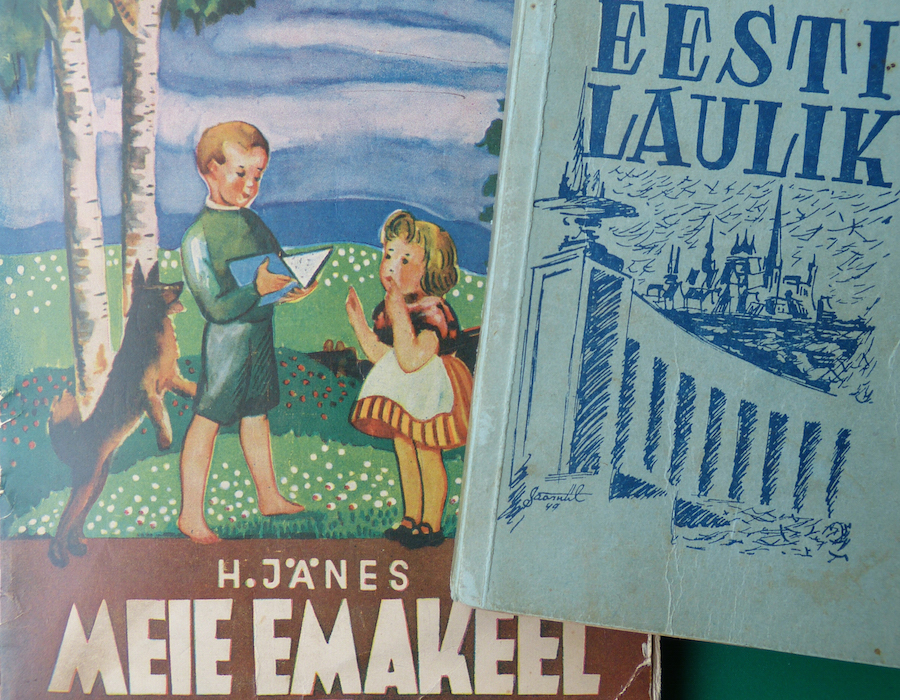 Personal fragments of early exile publication. “Meie Emakeel I”, published in 1945, was the Estonian grammar book used by the writer as an 8-year old in a refugee camp elementary school class. The little songbook was actually printed in 1944, which is astounding, considering that WW II ended the following year. Copies of such books were sent from Sweden to Estonian refugee camps in occupied Germany. Both cover illustrations are by the well-known Estonian artist Joann Saarniit.