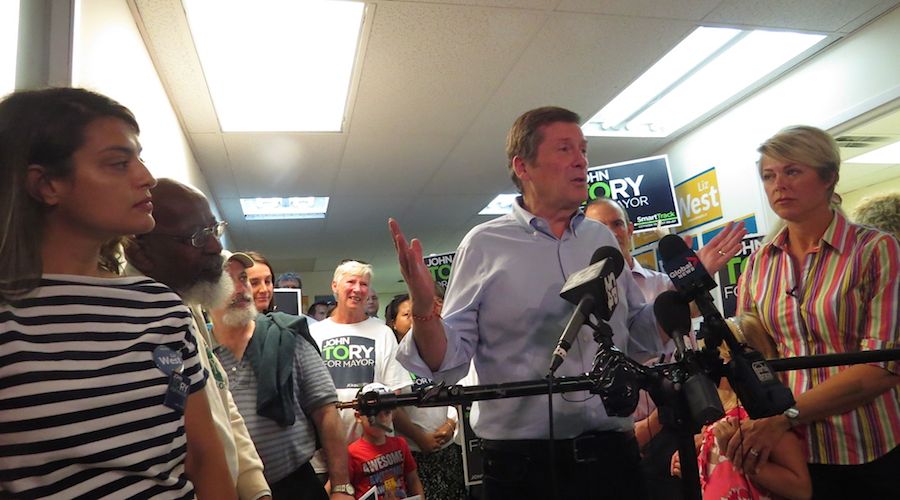 John Tory on the campaign trail. At left of photo Maria Saras-Voutsinas. On the right, Liz West. Photo by Adu Raudkivi
