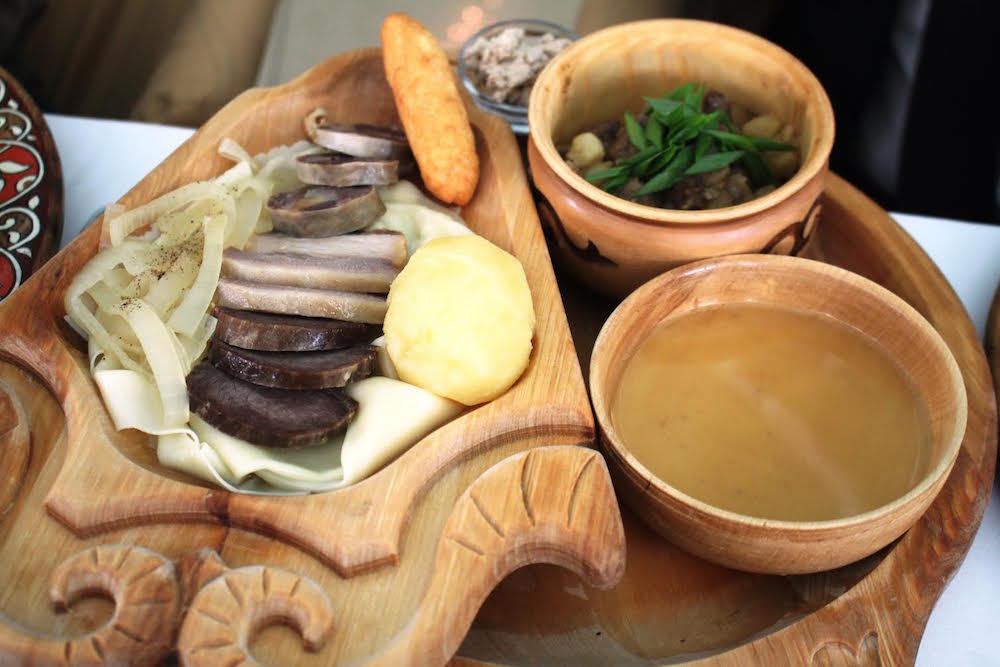 A plate with traditional Kazakh dish , based on nomatic roots, horse meat and mutton as basis of majority of Kazakh national dishes served in modern  restaurant in Astana - Photograph © 2015 Ülle Baum