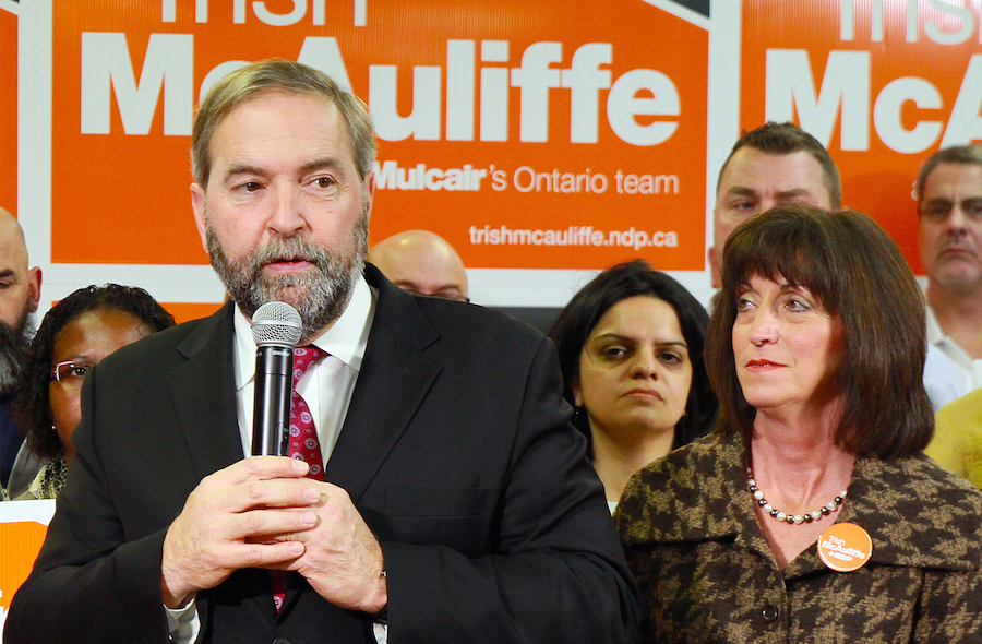 Thomas Mulcair and Whitby-Oshawa NDP candidate Trish McAuliffe campaigning during a November 2014 by-election - www.wikipedia.org