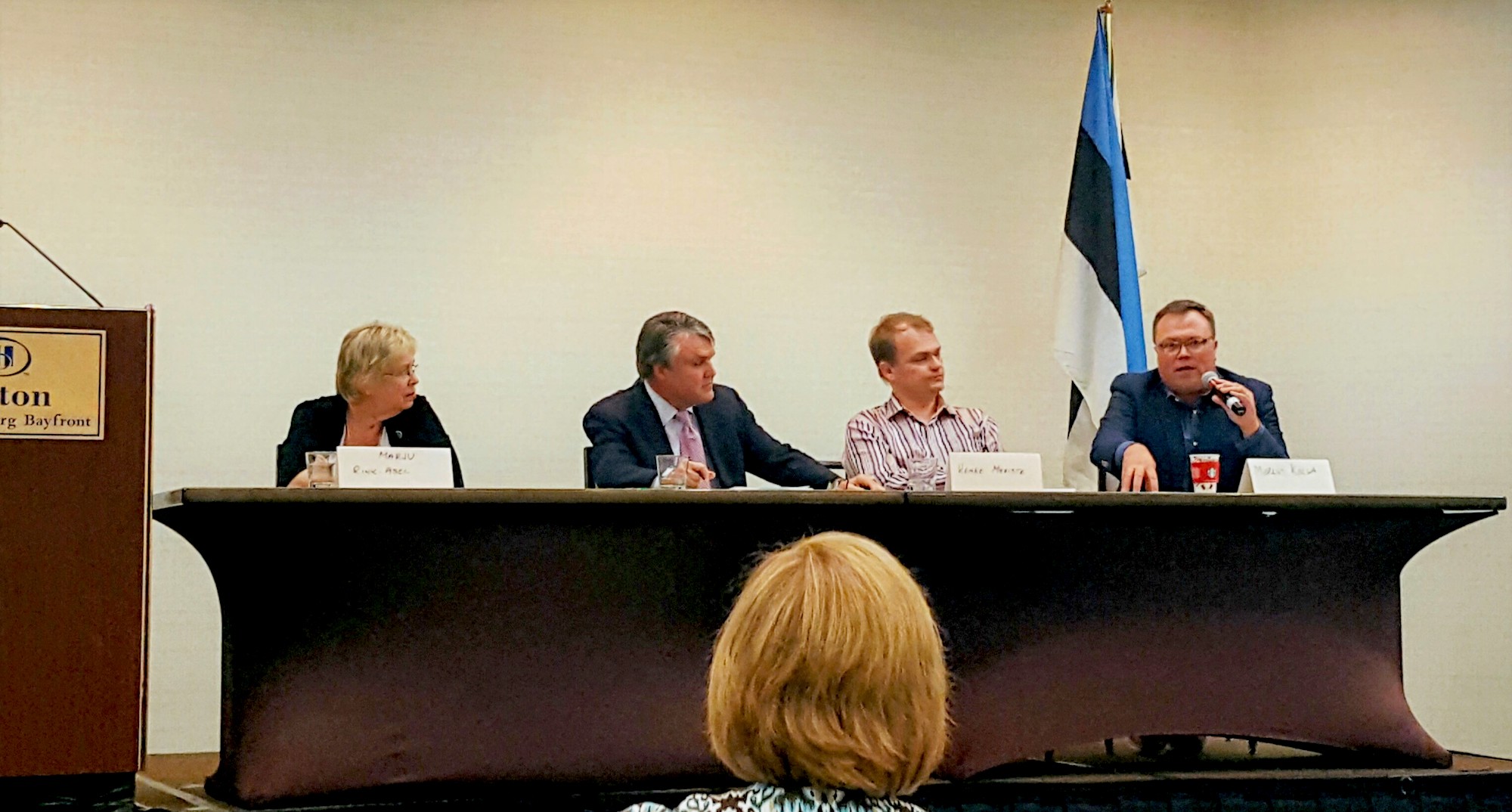 From the left: Marju Rink-Abel, President of ERKÜ; Matti Prima, moderator; Reneé Meriste, President, Los Angeles Estonian Society; Marcus Kolga, President, Estonian Central Council in Canada.