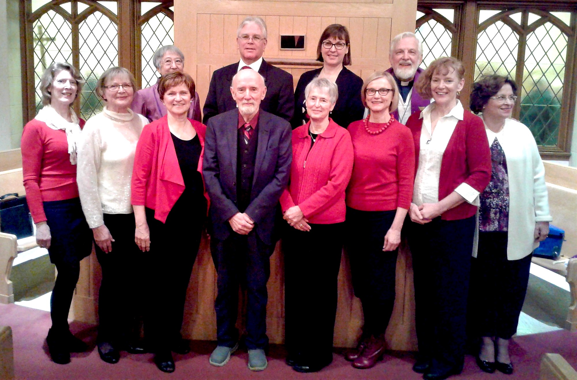 The participants form back row fist: Organist Mai-Yu Chan, Jan Jarvlepp, Lisa Taras., Pastor Matti Terho. First row: the Singers: Jane Staples, Marja-Leena Majeed, director Margit Viia-Maiste, Mirja Kapsalis, Marja-Leena Keast, Julie Dustin, and Margareeta Hollo..