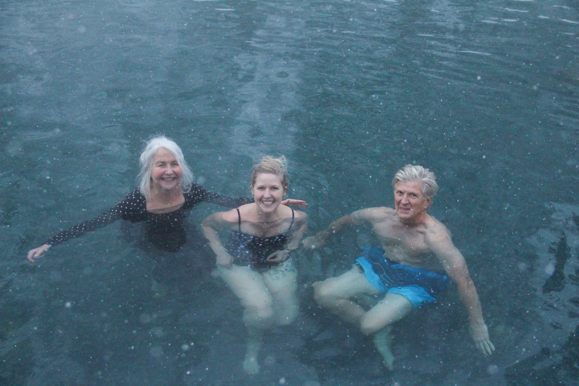 At the Liard Hot Springs, @ mile 475 on the Alaska Highway, (water temperature +52c, air temperature -25c),  Silvia, Laani, Toomas.