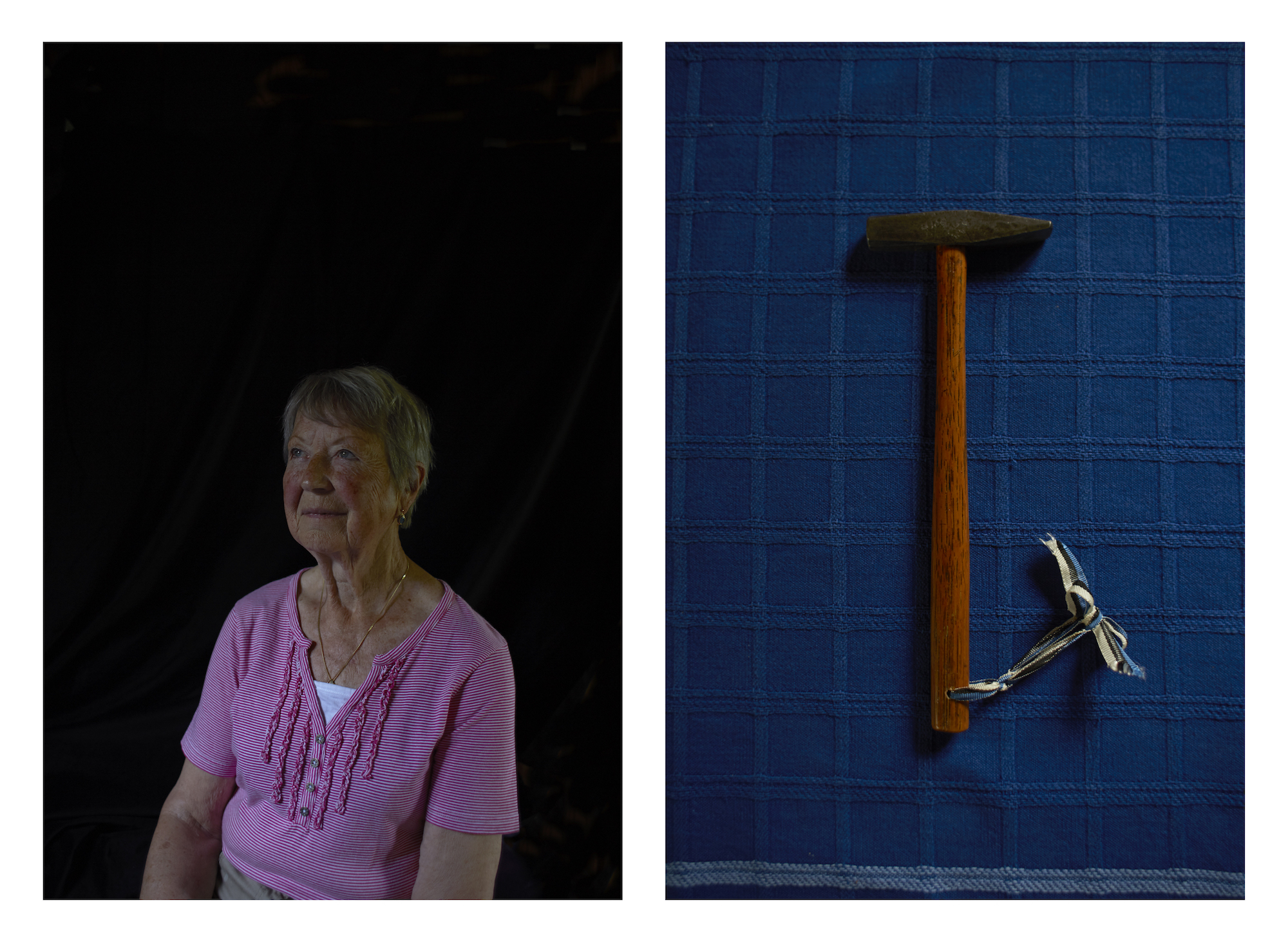 Mai Malmström. 5 years old. Remembers seeing her grandmother waving on the porch with the family dogs as they drove off from the house.  Mai's father was a carpenter and made her this hammer when she was 3 years old.