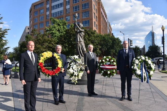 Diplomatic Representatives of the Baltic Nations pose in front of wreaths lain to commemorate the Baltic victims of communism and Nazism (2018)