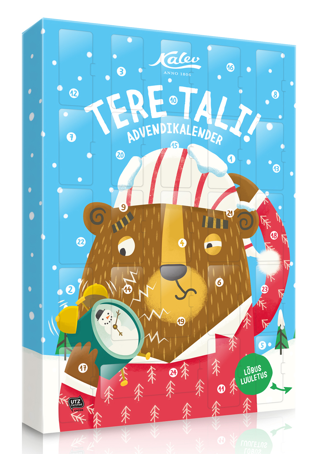 This year, 212 year-old Kalev kondiitri/tööstus/ettevõtte (confectionary company's) advendi/kalender, seen here, and in fact its entire Christmas collection for kids, uses funny word play. Photo: kalev.eu (2018)