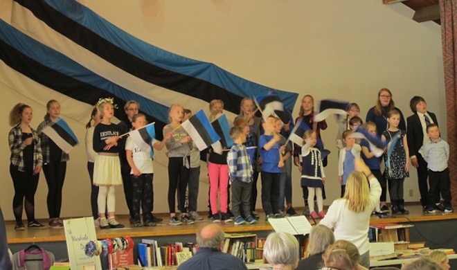 World premiere joint performance by students of the Hamilton and the Toronto Estonian schools singing blue-black & white patriotic songs whilst waving blue-black & white flags against a backdrop of blue-black & white banners at where else, but the AKEN BLUE-BLACK & WHITE event on April 28th at the Toronto Estonian House (2019)