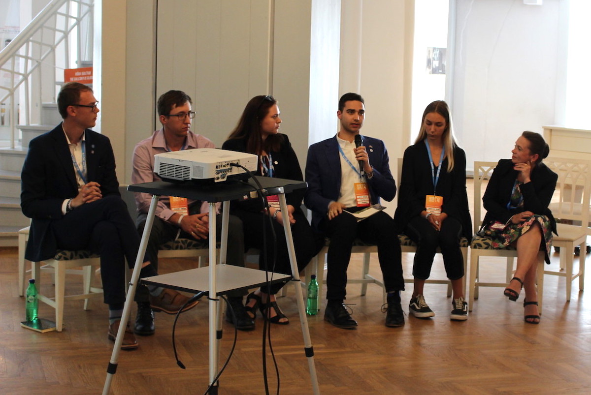 Delegates participating in a panel discussion at the at the ESTO 2019 Youth Congress. Canadian reps include Andres Jeeger and Juku Gold as panelists. Photo: Katrine Eistrat (2019)