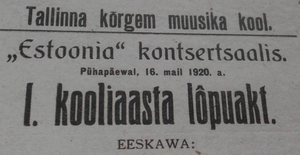 1920.a kooli kontserdi kava ülemine osa. Tallinna Kõrgema Muusikakooli esimese õppeaasta lõppkontserdil esines 20 üliõpilast. Nende seas Mihkel Lüdigi poeg pianist Peeter Paul Lüdig, kes pärast kõrgkooli lõpetamist 1925.a täiendas end Viinis ja Berliinis. Pärast sõda tegutses ta USAs organisti, dirigendi ning pianistina.