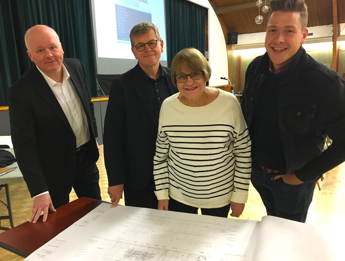 From left, David Kalm, Alar Kongats, Tiina Soomet and Paul Lillakas take a look at the the Building Permit submission drawings for the new IEC