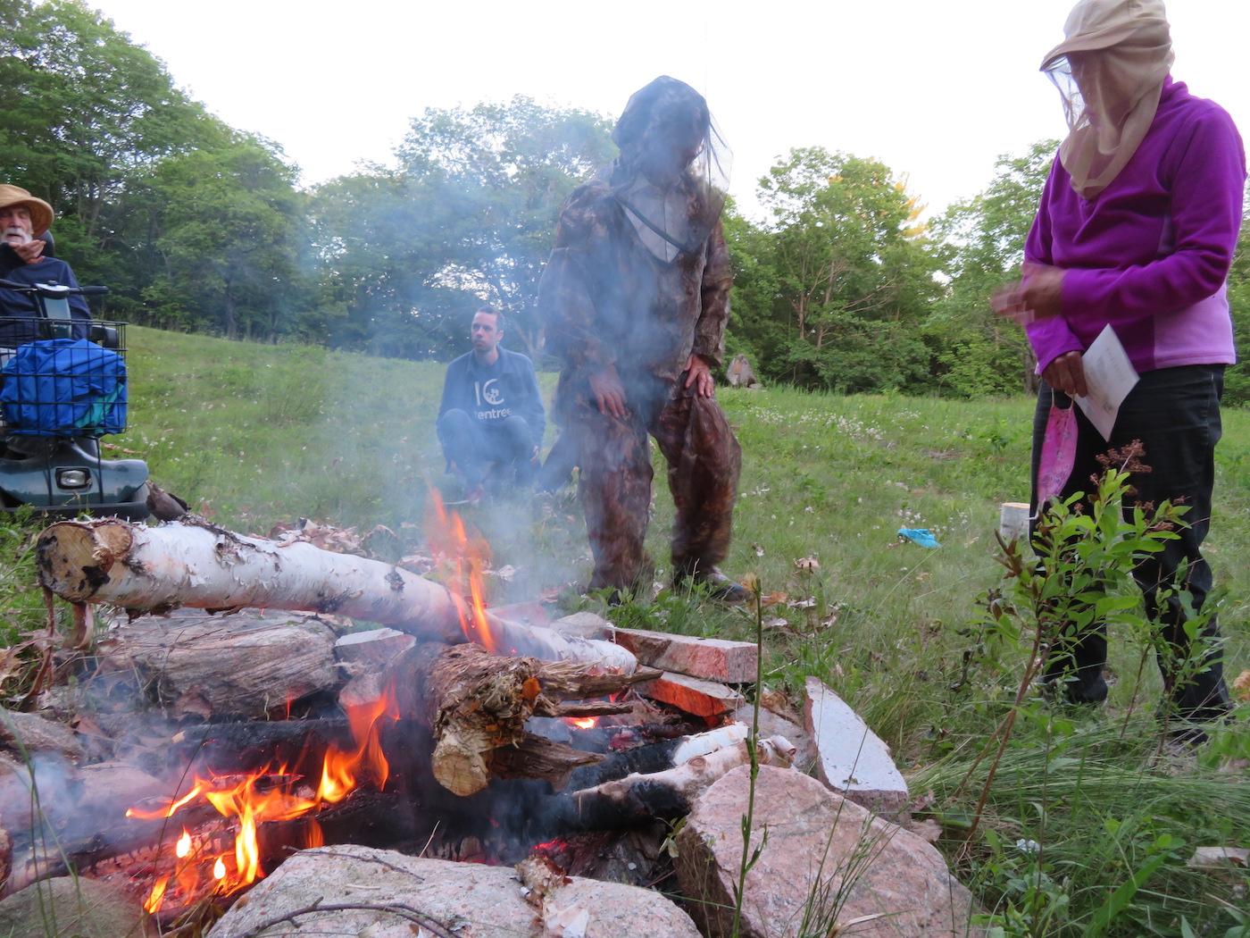 Tollele õhtule sobis ka väiksemat mõõtu jaanituli, peamine oli koosolemine ja kaitsevahendid – fotol paistab, et lisaks käeshoitud maskile ja laululehele olid käiku lastud putukavõrgud, mõnel lausa kogu keha katvad. Sääski ja musti kärbseid oli pööripäevaselt pööraselt palju ning antud olukorras, ühissauna leili puudumisel, leevendas paistes hammustusi hilisem jääkompress. Päike kumas veel kaua lõkke lähedal asuva Lembitu ausamba tagant ja seejärel „istus veel kolm päeva oma kõrges pesas“. Foto: Riina Kindlam (2020)