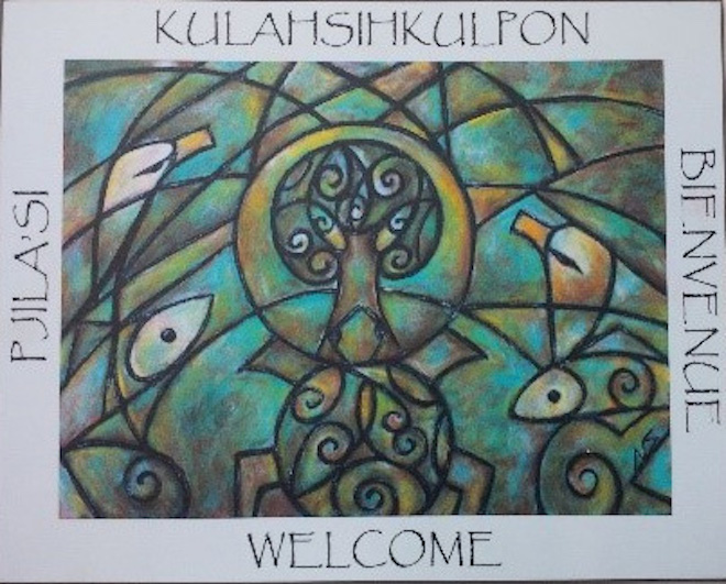 Welcome sign featuring artwork by Wolastoqiyik artist Samaqani Cocahq (Natalie Sappier)