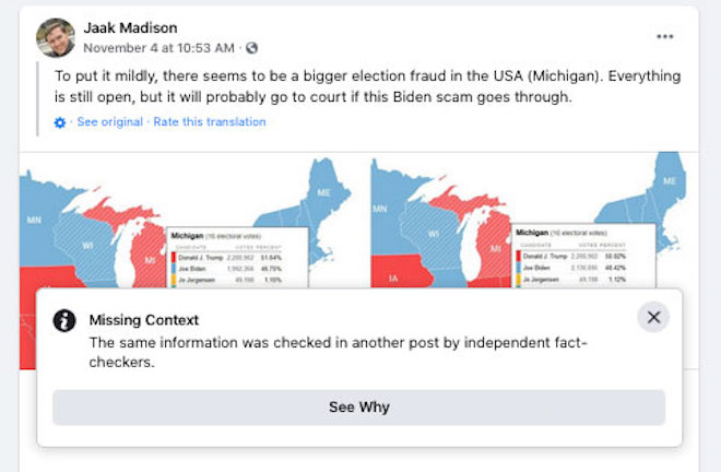 Screenshot of claim made by EKRE MEP Jaak Madison that there was voter fraud in Michigan.