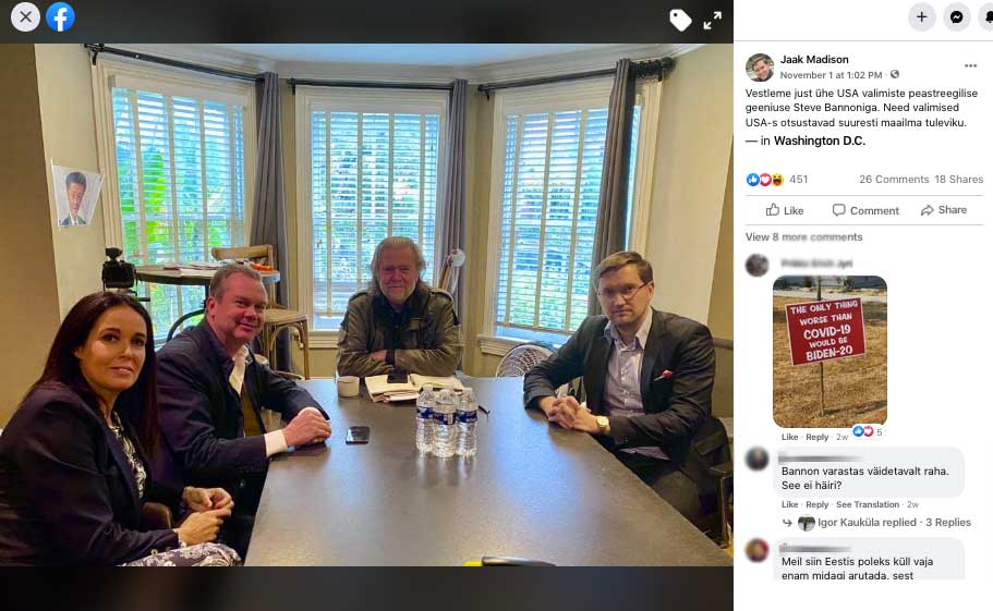 EKRE MEP Jaak Madison meeting with Steve Bannon on November 1, 2020