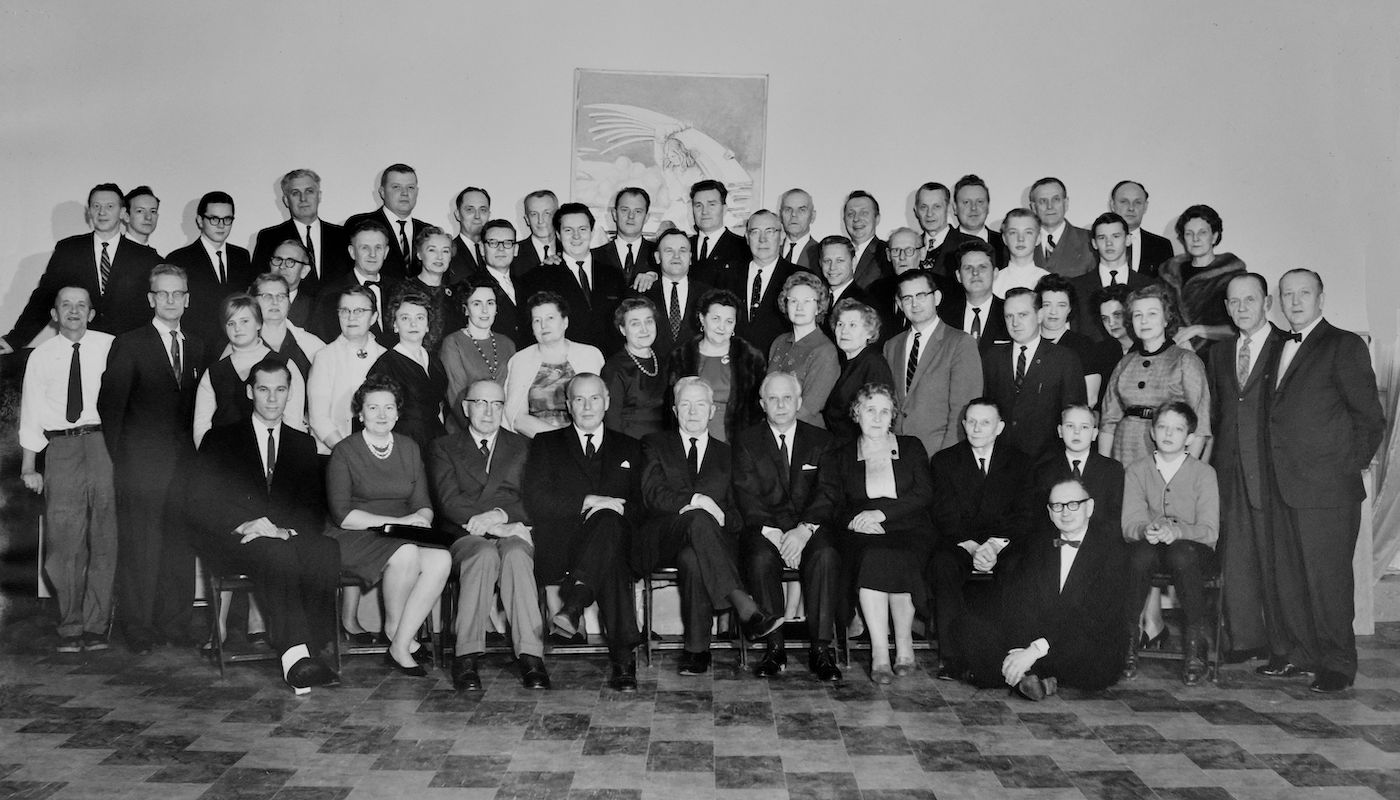 Supporters of Baltimore Estonian House in 1965 after initial remodeling. Peeter Saar, current Chair of BEH, is second to last row in white shirt on the right.