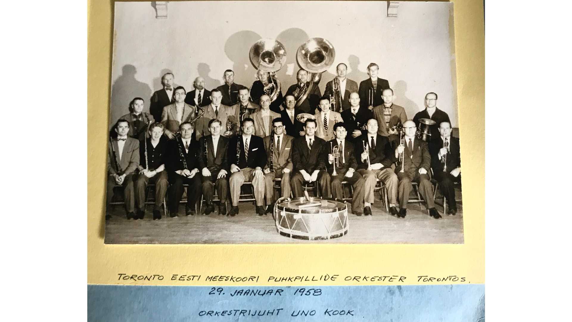 Toronto Eesti Meeskoori Puhkpillide Orkester in Toronto, 1958 (from the Estonia Orkester archive)