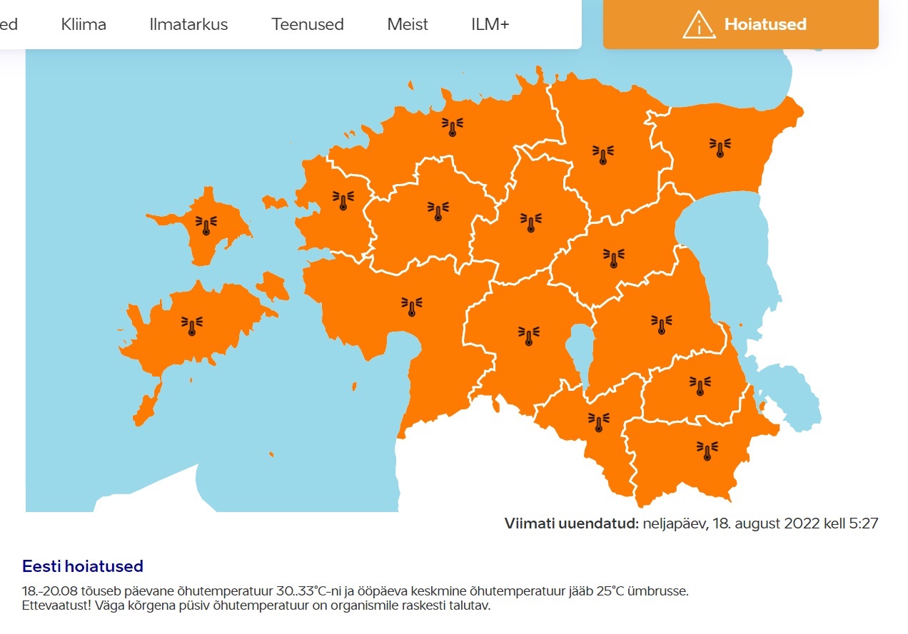 Eestis on välja kuulutatud üleriigiline kuumahoiatus. See on antud suve teine ja kõige tõsisem kuumalaine, esimene oli jaanipäeva aegu. Foto: ilmateenistus.ee lehelt