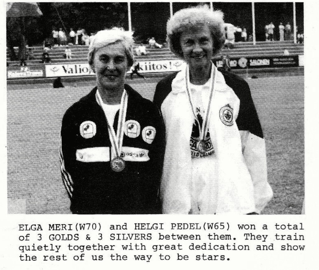 Elga Meri and Helgi Pedal at the 1991 World Masters Athletics Championships in Turku, Finland (photo from canadianmasters.ca)