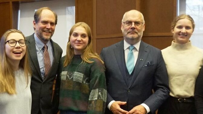 Maiki Müürsepp, Professor Andres Kasekamp, Kaisa Kasekamp, Estonian President Alar Karis, and Aleksa Gold at the University of Toronto’s Munk School of Global Affairs & Public Policy