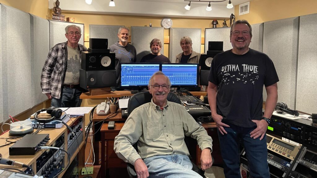 The members of Coalescence and Urmas Soomet in the studio
