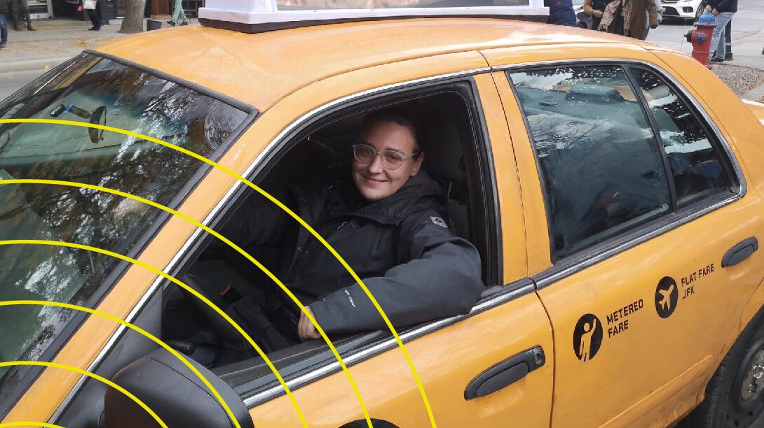 Krista in a New York City taxi on the set of Disney's "Sneakerella"