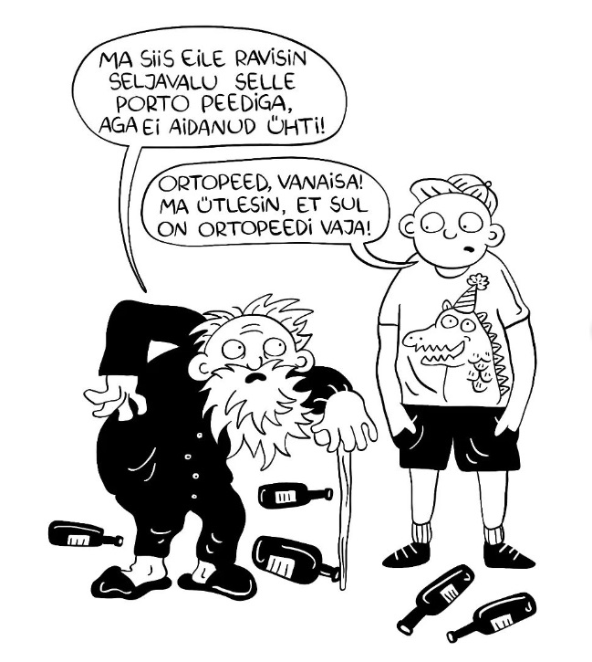 Ave Taavet on kirjanik, kunstnik, dokumentalist ja animaator. Hiljuti ilmus tema teine teos ,,Karikaturisti eine“. Pilt on Ave Taaveti Instagrami lehelt. (Kõnekeeles on ,,peet“ kehvake vein, ka peedivein või peedikas.) 