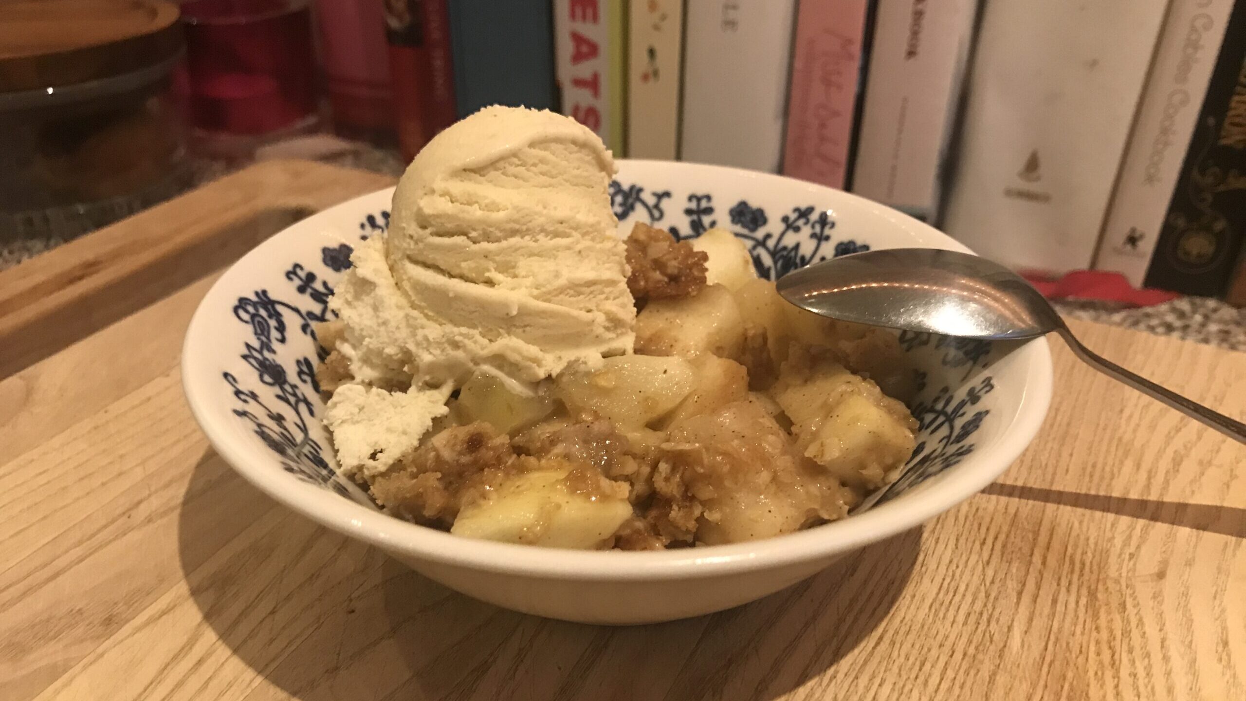 The finished apple crisp served à la mode