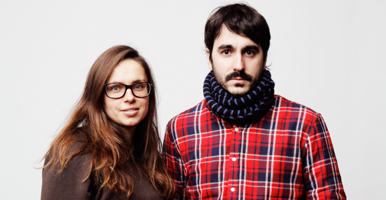 Spanish artist Var Canet posing with Estonian-born artist Varvara Guljajeva