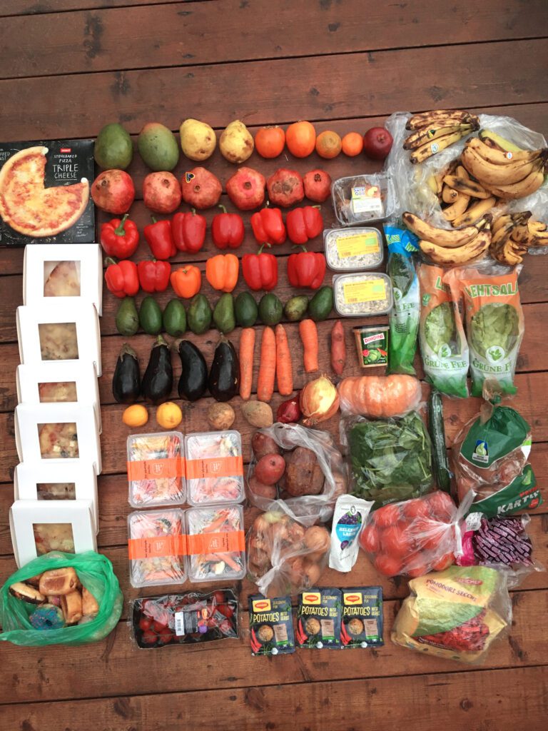 vegetables, packaged foods, pastries saved from an Estonian grocery store garbage bin