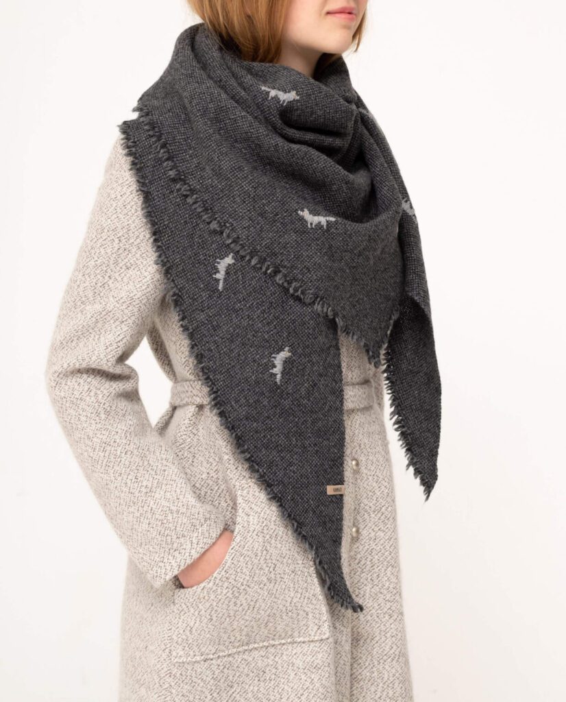 A dark grey shawl with wolves (source: kangotextile.com )