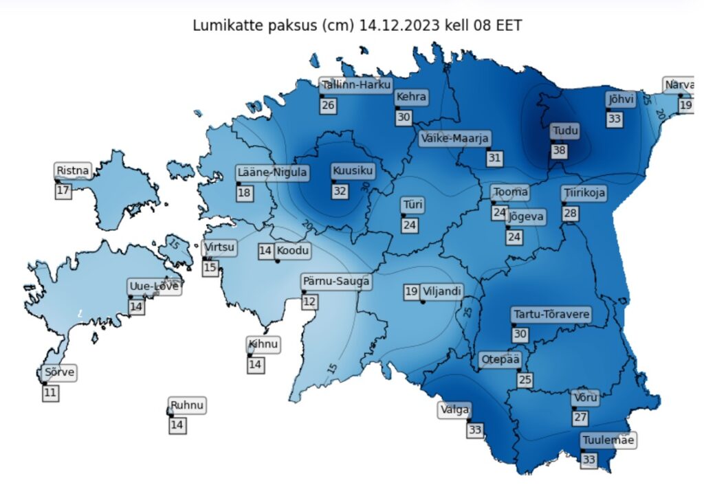 14. jõulukuu lumekaart. Eesti lumekaardile ilmusid esimesed arvestatavad sentimeetrinäidud kadrilaupäeval, 24. novembril ning iga järgneva päevaga on üle Eesti lund aina juurde mõõdetud. Kaarti uuendatakse internetis igal hommikul kell 8. Esimest sula pärast imelist talvepidu on oodata eeloleval laupäeval ning punased (plussis) numbrid, olgugi et suhteliselt väikesed, figureerivad pühadeni. Oli meeldiv sööst! Lumelembed ootavad järgmist. Kaart: ilmateenistus.ee