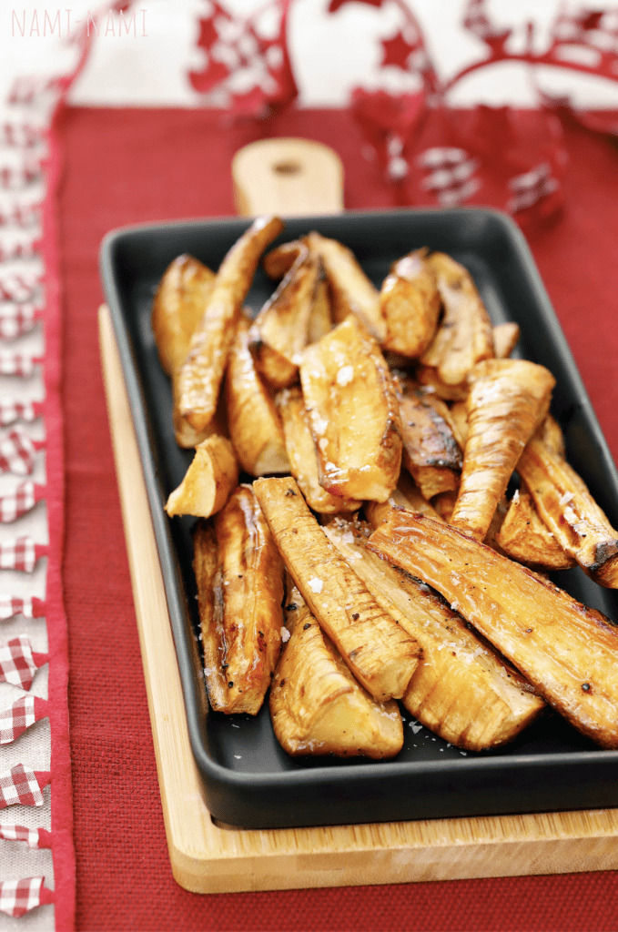 Roasted parsnips drizzled with maple syrup