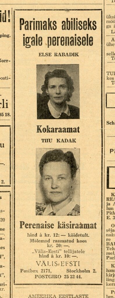 Kokaraamatu ja Perenaise Käsiraamatu kuulutus Välis-Eesti ajalehes (rootsi eestlaste ajaleht) 25. juuli 1948 lk 9