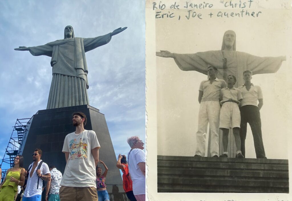 Standing by the Cristo Redentor (Christ the Redeemer) statue on top of Corcovado mountain — the photo on the right show my vovô (grandpa) José in the middle with his two brothers at the same place in 1948