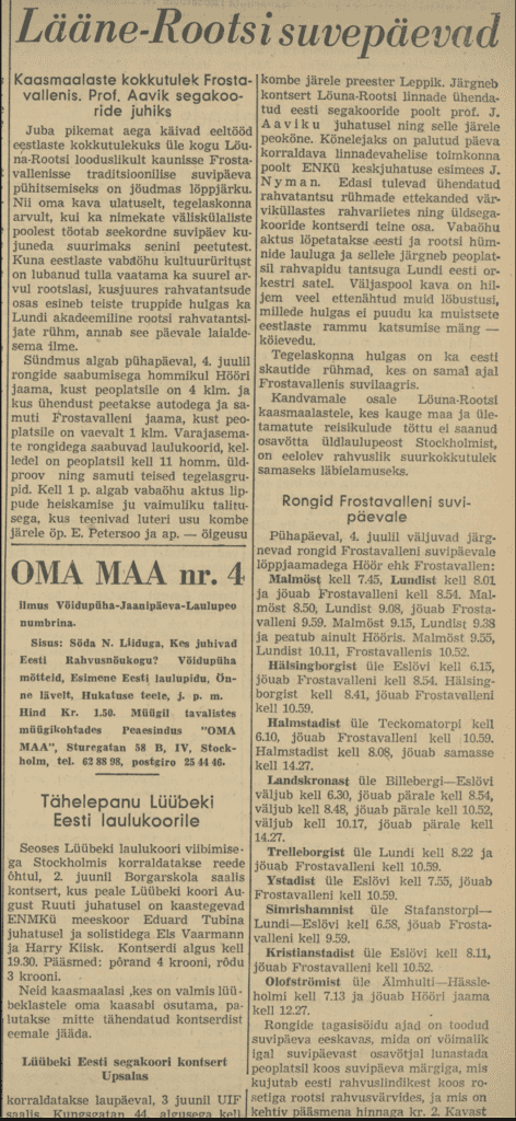 Stockholms-Tidningen Eestlatele artikkel “Lääne-Rootsi suvepäevad” 02 juuli 1949