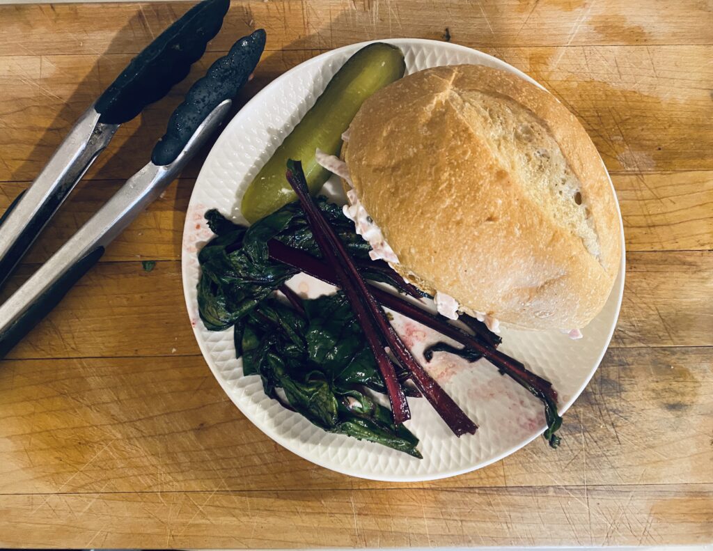 Pair the beet greens with a pickle and a sandwich