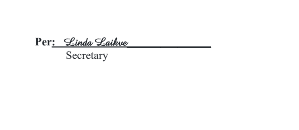 Linda Laikve signature as secretary