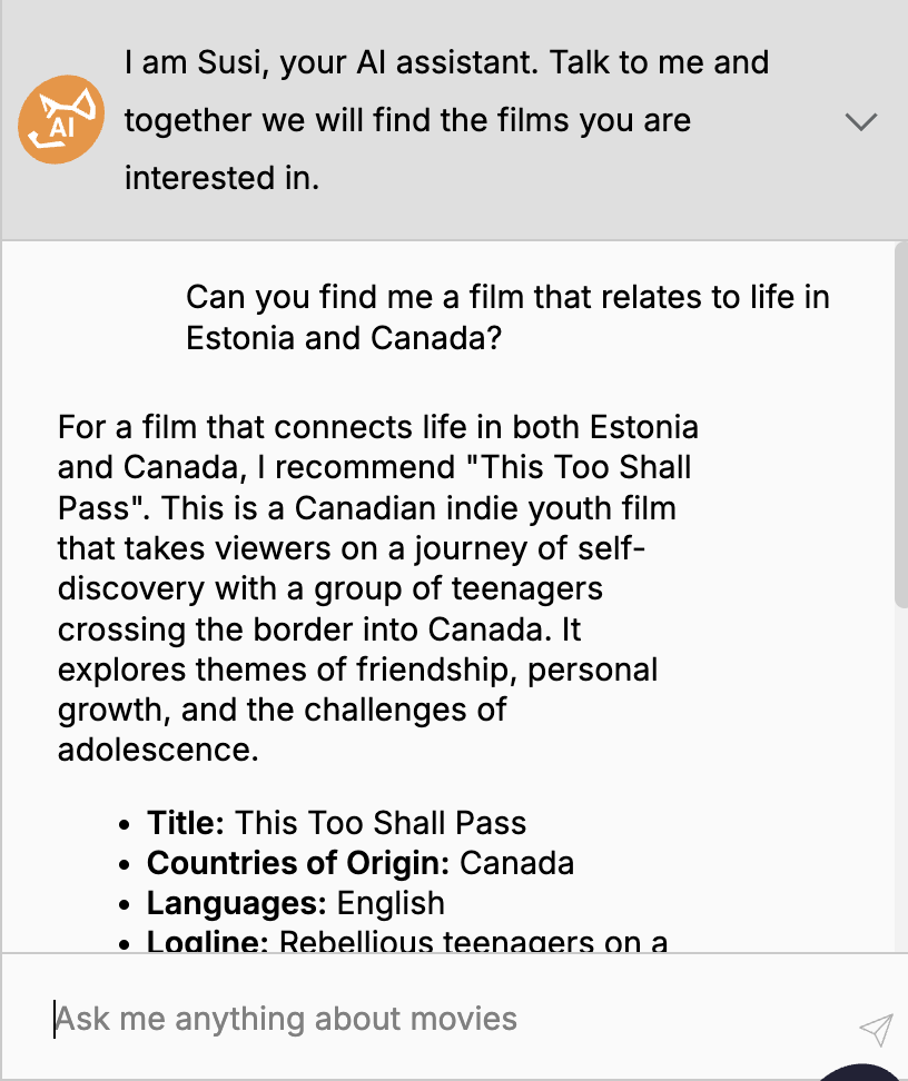 Asking for help from Susi the AI film recommender