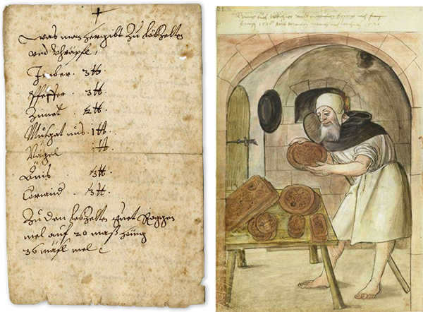 On the left, a seventeenth century gingerbread recipe from the Archdiocese of Munich and, on the right, an illustration of a gingerbread master at work, circa 1520, from the Stadtbibliothek Nürnberg (source: PiparkoogiMaania)