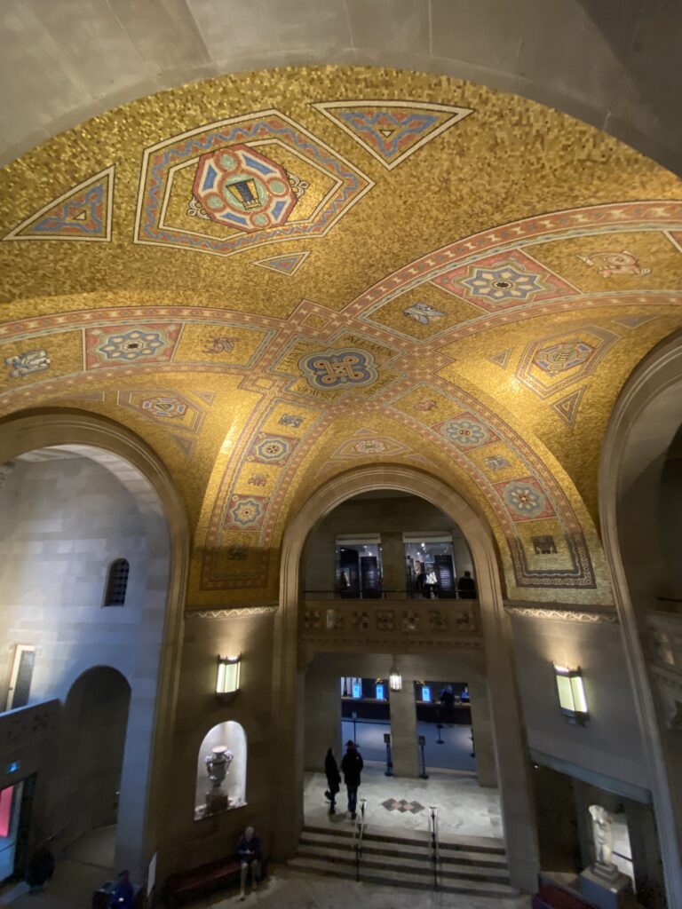 When visiting the ROM, the nicest way in must be the Queen's Park entrance, with the rotunda room and its golden mosaic ceiling.