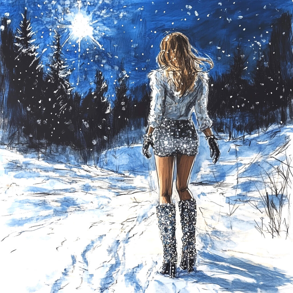 Illustration of global pop star Taylor Swift in the blue, black, and white Estonian winter wilderness