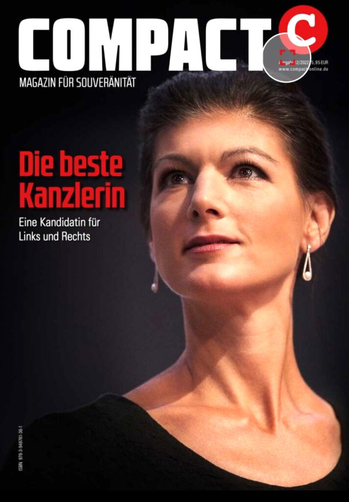 Sahra Wagenknecht paremradikaalse Venemaa-sõbraliku ajakirja kaanel. Ajakirja toimetuse otsis politsei möödunud aasta juulis läbi.